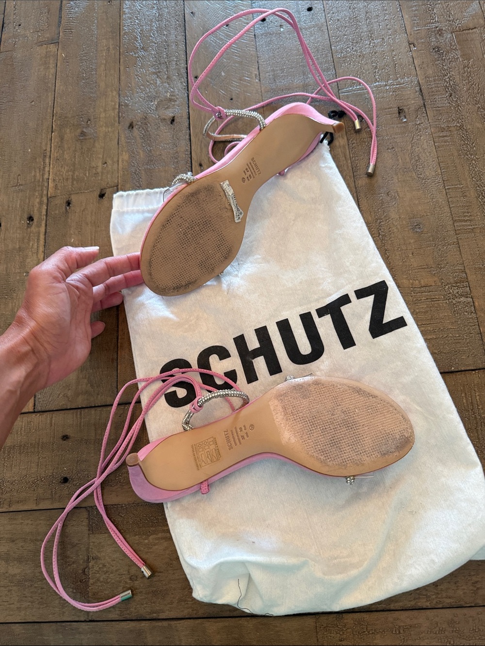 SCHUTZ Pink Suede Lace-Up Heeled Sandals with Crystal Trim - Picture 3 of 7
